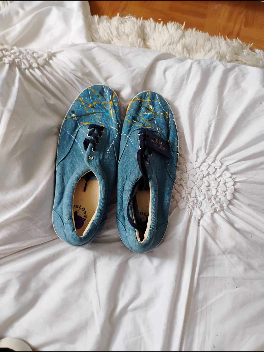 Polo by Ralph Lauren Blue Canvas Sneakers with Gold & White Paint Splatter